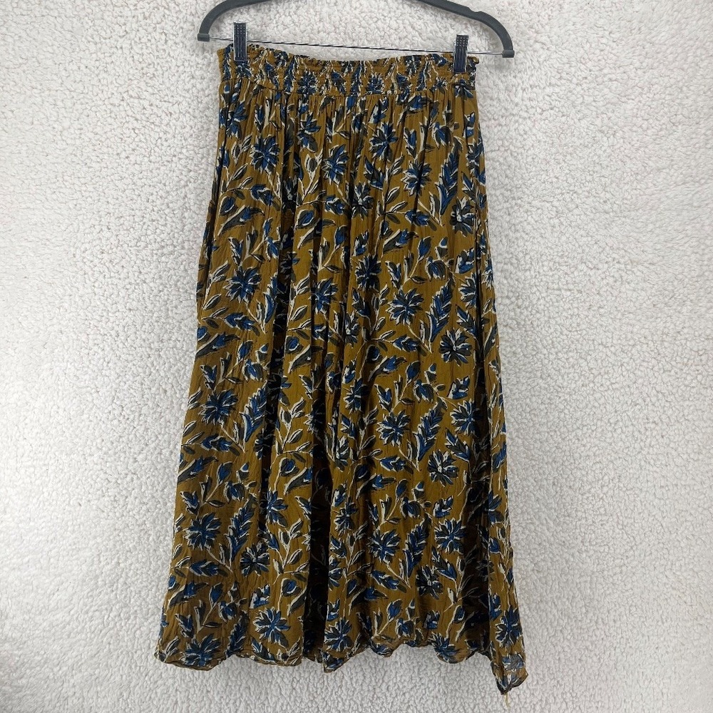 Natural Life Boho Maxi Skirt Size L/XL Mustard Blue Floral Smocked Cotton India